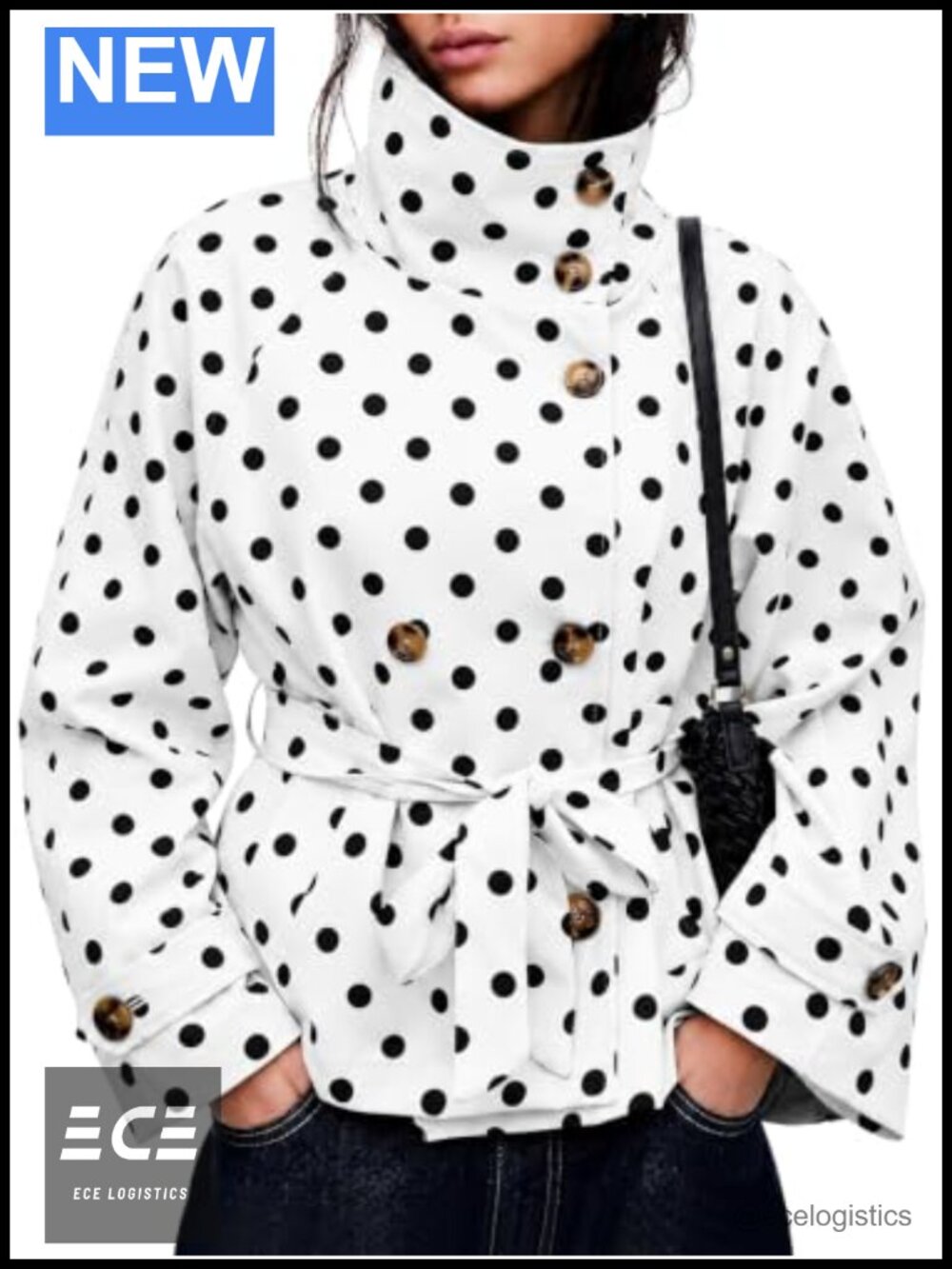 Womens Polka Dot Cropped Trench Coat Belted Button Front Casual Jacket